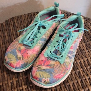 SKECHERS 12061 Womens Aqua Floral Bloom Lightweight Sneakers Sz 7.5 Flex Sole - Picture 1 of 9