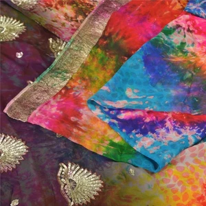 Sanskriti Vintage Bollywood Sarees Pure Georgette Beaded Tie-Dye Sari 5+Ydfabric - Picture 1 of 12