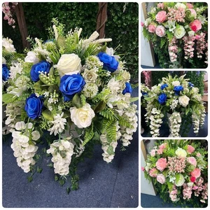 Artificial Roses Hanging Basket Blue & Pink Mixed Flowers Extra Large Decoration - Picture 1 of 7