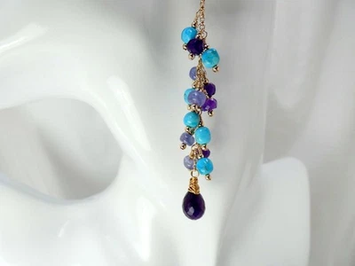 Arizona Turquoise - Amethyst - Gold Long Earrings - Image 1 of 4