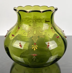 Very Fine Bohemian Jeweled Green Optic Glass Vase Enameled And Gilded Trim - Picture 1 of 15