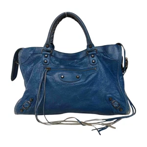 Auth BALENCIAGA The City 115748 Vintage 2way Shoulder Hand Bag Blue Leather - Picture 1 of 10