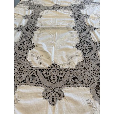 Antique  Tablecloth with  Crochet Lace & Hand Embroidery Cutwork  58" x 76" - Image 1 of 4