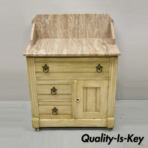 19th C. American Victorian Pink Marble Top Backsplash Washstand Table Cabinet Cover