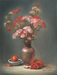 Original Oil Painting Still Life Realism Carnation in Pink Vase & Peach 18x24" - Bild 1 von 8
