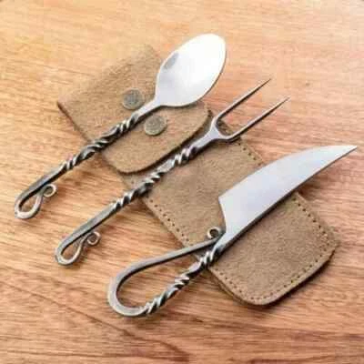 Set di posate forgiate a mano 3 pezzi fatte a mano - manico a doppia torsione... - Immagine 1 di 4