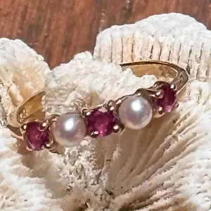 Tiffany & Co 14k Yellow Gold Ruby Akoya Pearl Ring Size 4-1/2 - Picture 1 of 7