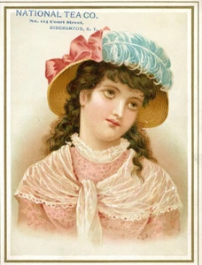 1890s Victorian Trade Card National Tea Co., Young Victorian Girl. Binghamtom NY - Picture 1 of 2