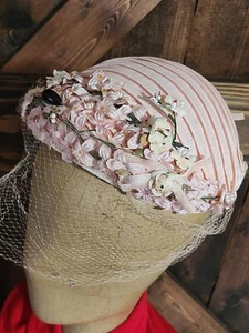 Vintage 1930-1940s Art Deco Fabric Pink Floral Elegant Hat W/ Pin Headpiece RARE - Picture 1 of 19