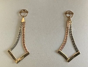 14k Tricolor Gold Herringbone Dangle Earrings 1.5”L 1.4g - Picture 1 of 14