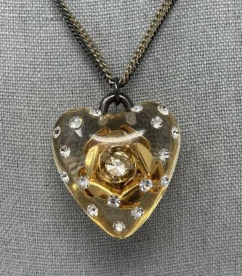 Betsey Johnson Lucite Heart Encased Flower Necklace Rhinestone 19" - Image 1 of 4