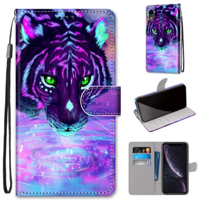 For Various Phone Cool Tiger Drinking Water Card Wallet Case Flip Stand Cover - Image 1 of 4