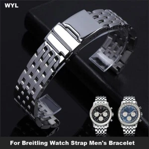 20 22 24mm For Breitling Polished Glossy Strap Stainless Steel Watchband Silver - Picture 1 of 3