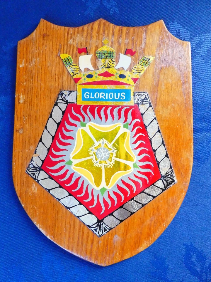 VINTAGE HMS GLORIOUS SHIP CREST PLAQUE HAND MADE AND PAINTED REDUCING COLLECTION - Image 1 of 2