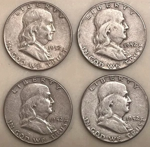 (4) 1952 Franklin Half Dollars P & D 90% Silver US $2 FV. - Picture 1 of 2