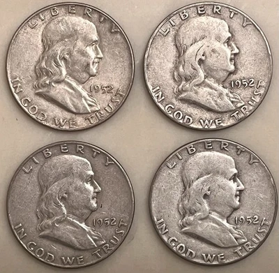(4) 1952 Franklin Half Dollars P & D 90% Silver US $2 FV. - Image 1 of 2