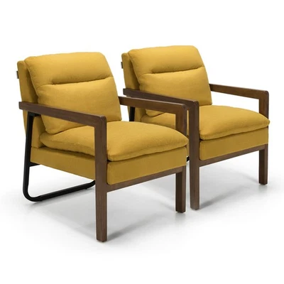 Juego de 2 Sillón Moderno Acento Sillón con Patas de Madera y Soporte de Acero Amarillo Foto 1 de 4