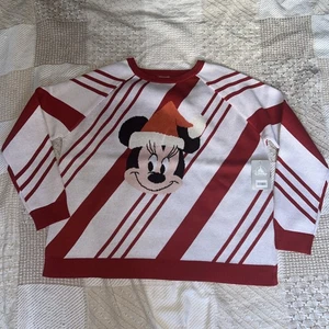 Disney Christmas Sweater Minnie Mouse Santa Hat Candy Cane Red Stripes Women XL - Picture 1 of 10