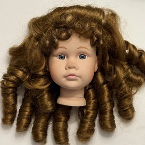 VTG Porcelain Doll Head Parts For 16” Dolls Brown Curly Wig Blue Eyes Replace [ - Picture 1 of 11