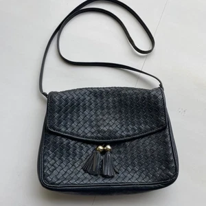 Bolso Bandolera Ganson Tejido Negro De Colección con Borlas Cierre de Solapa Cartera de Hombro - Imagen 1 de 12