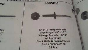 25 per Pack  3/16” Hole Size Grip Range: 3/8” - 1/2”Flange  9/16” All Aluminum  - Picture 1 of 1