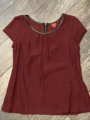 Merona Deep Red Cranberry Scoop Neck L Faux Black Leather Trim Shirt Exposed Zip - Image 1 of 4