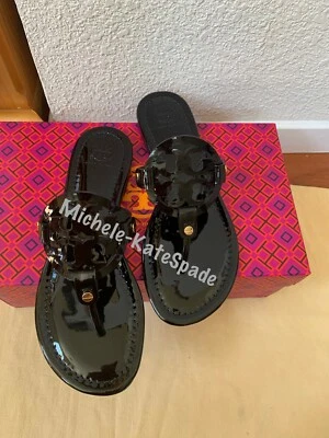 全新带盒 TORY BURCH 黑色 Miller 漆皮小腿凉鞋 * * 选择您的尺寸 * — 第 1/4 张图片