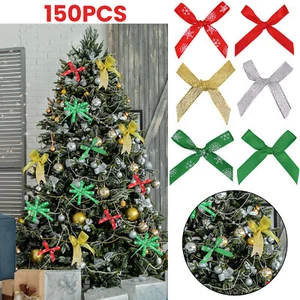 150 Mini Xmas Ribbon Bows 4cm Pre-Tied Christmas Gift Tree Wreath Decor - Picture 1 of 15