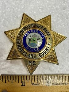 Vintage Obsolete Deputy Sheriff Badge Cumberland County Maine 7 Point Gold Star