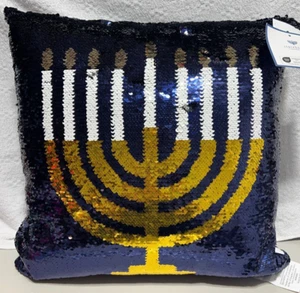 Chanukka Pailletten Kissen Menora Blau Neu mit Etikett 18x18 - Bild 1 von 7