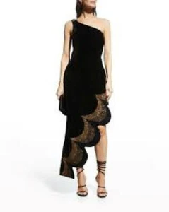 RAISA VANESSA SCHWARZ SAMT ONE SHOULDER PAILLETTEN ÜBERBACKEN HIGH-LOW KLEID GR.38 - Bild 1 von 8