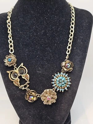 Collar Raro Búho Declaración Bronce Negro Multicolor Estrás 18+2" Foto 1 de 4