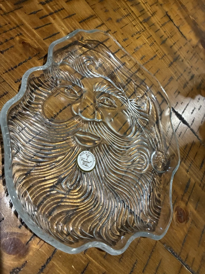 Set Of (2) Crystal Clear Glass Santa Claus Face Dish 8” Holiday Serving Plate - Изображение 1 из 4