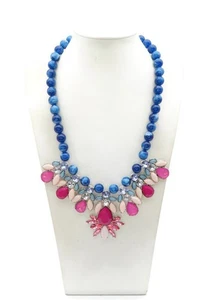 Collar Vintage Tono Plata Azul Rosa Estrás Acrílico Cuentas 21" - Imagen 1 de 6