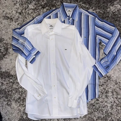 Lote de 2 camisas sociais casuais de manga comprida com botão frontal Lacoste tamanho 38 médio em excelente estado usado - Imagem 1 de 4
