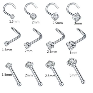 4-12pcs/lot Clear CZ Zirconia Screw Nose Stud Nostril Ring Body Piercing Jewelry - Picture 1 of 15