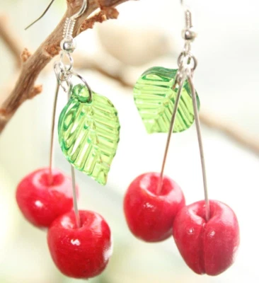 Big Cherry Earrings Polymer Clay Berry Jewelry Fruits Pin Up Funky Jewellery - Image 1 of 4