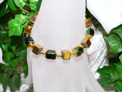 Armband Würfel Cube Hämatit gold Glas marmoriert schwarz türkis grün 068c - Bild 1 von 3