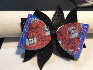 MINNIE MOUSE PINWHEEL HAIR BOW. BLACK, HOLOGRAPHIC AND RED. 4" X 4". HOMEMADE - Picture 1 of 3