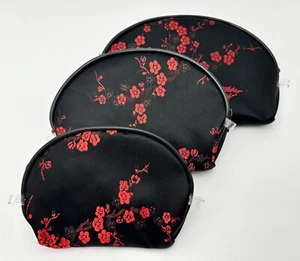 3 Nesting Make up Pouches Bags Black Asian Cosmetics Red Shimmering Roses - Picture 1 of 6