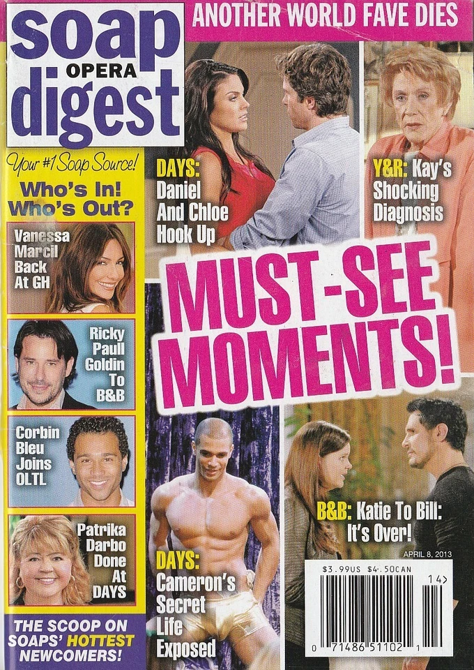 Soap Opera Digest Apr 8, 2013 ERIKA SLEZAK-KARLA MOSLEY-PATRIKA DARBO-NEWCOMERS - Image 1 of 1