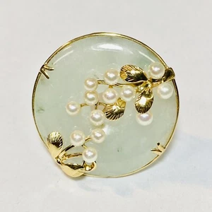 Unstamped Ming's Honolulu (?) 14K Yellow Gold Jade Pearl 35mm Brooch Pendant 14g - Picture 1 of 7