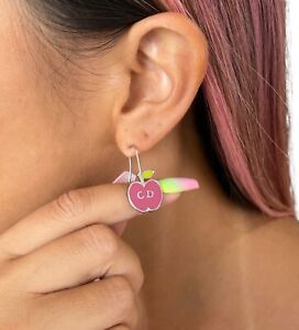 Christian Dior Vintage Logo Apple Earrings Fashion Jewelry Silver Pink RankAB