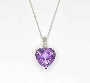10 mm Heart Amethyst White Sapphire Bail Sterling Silver Pendant Necklace - Picture 1 of 3