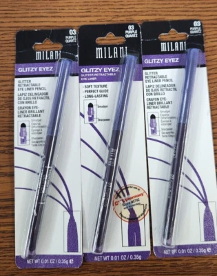 3 PCS NIP MILANI RETRACTABLE GLITTER EYELINER PENCIL #03 PURPLE QUARTZ .01oz EA - Image 1 of 3