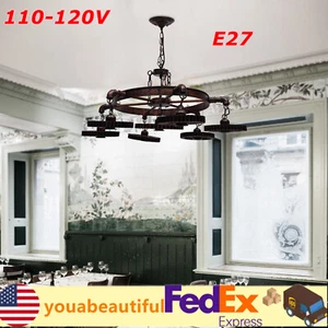 Rustic Steampunk Chandelier Gear Chain Ceiling Light Metal Pendant Lamp Fixture - Picture 1 of 13