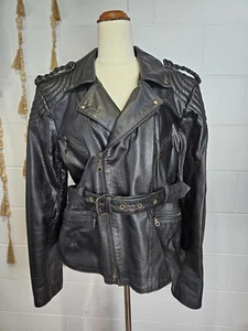 Vintage Black Rossini Motorcycle Jacket Size XL PU Leather Belted Pockets - Picture 1 of 24