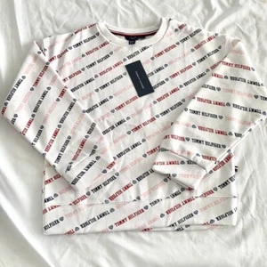 Girls Tommy Hilfiger Logo Hearts Crew Neck Sweater Spell Out Logo White 8-10 Med - Picture 1 of 6