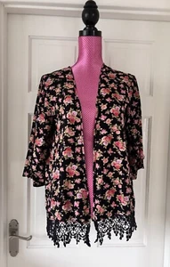 NEW LOOK .. Great Casual Black/Pink Floral mix Lace Edged Summer Jacket Size 10 - Picture 1 of 5