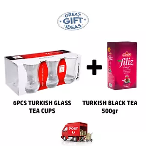Pasabahce 6 pcs Glass Turkish Tea Cup Set 125ml + Turkish Black Tea Caykur 500gr - Picture 1 of 5